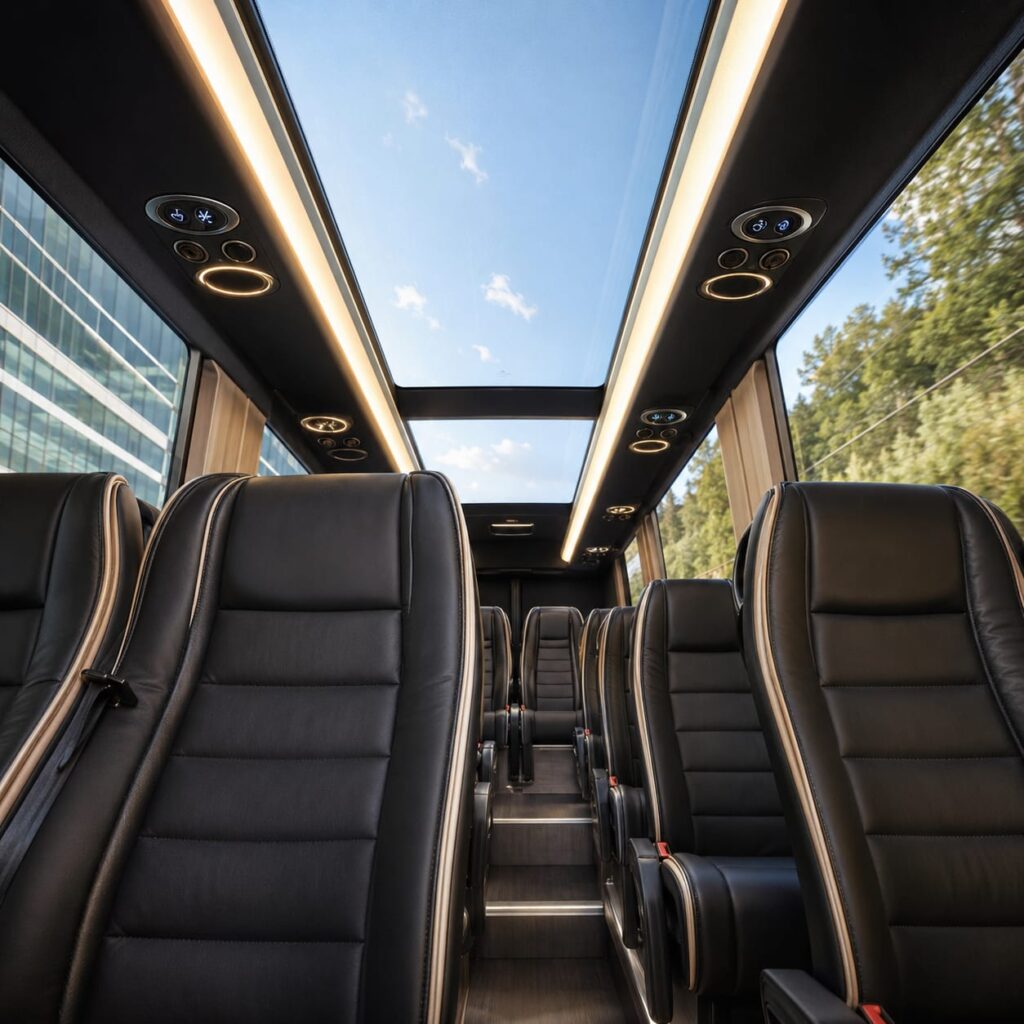 Luxury van interior with leather seats and panoramic roof